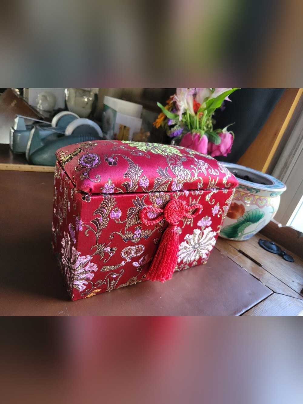 Red fabric Jewelry Box ~ Floral Embroidery ~ Tassel ~ Gift Trinket Storage
